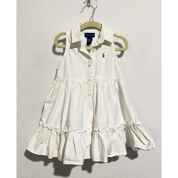 Ralph Lauren Shirt Dress Girls 2T White Ruffle Hem Sleeveless Cotton Preppy - Picture 1 of 5